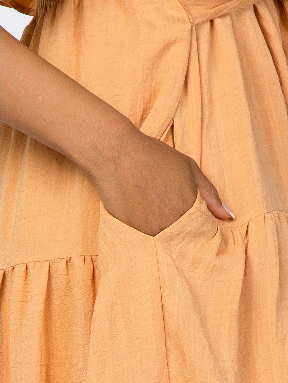 Peach Tiered Midi Dress with Puff Sleeves and Self-Tie Waist - Picture 3 of 7